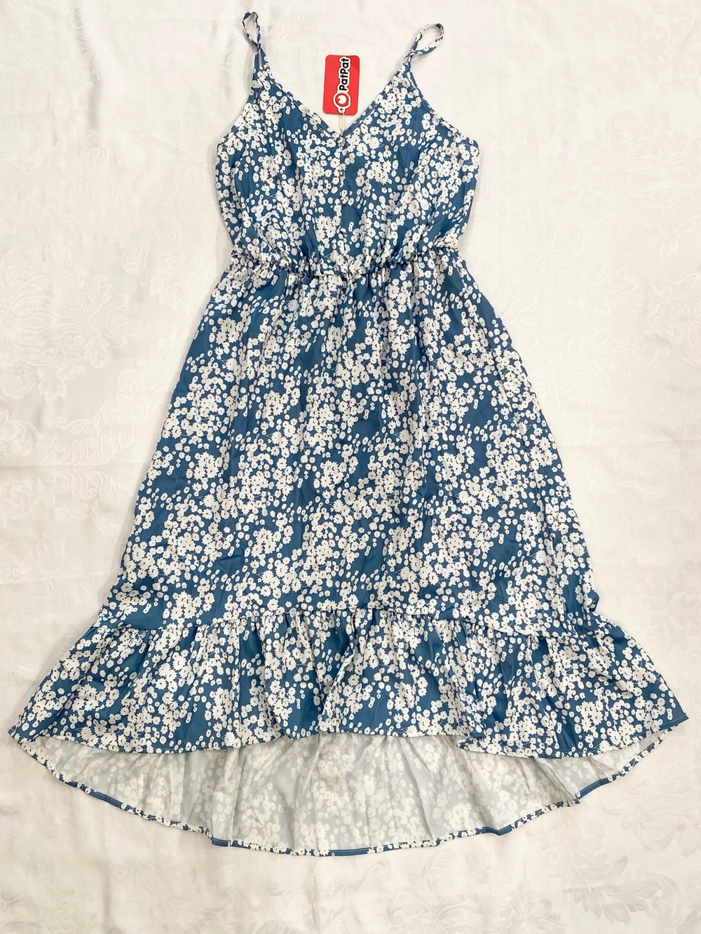 PatPat Women Blue & White Floral Spaghetti Strap High-Low Sundresses, Size S